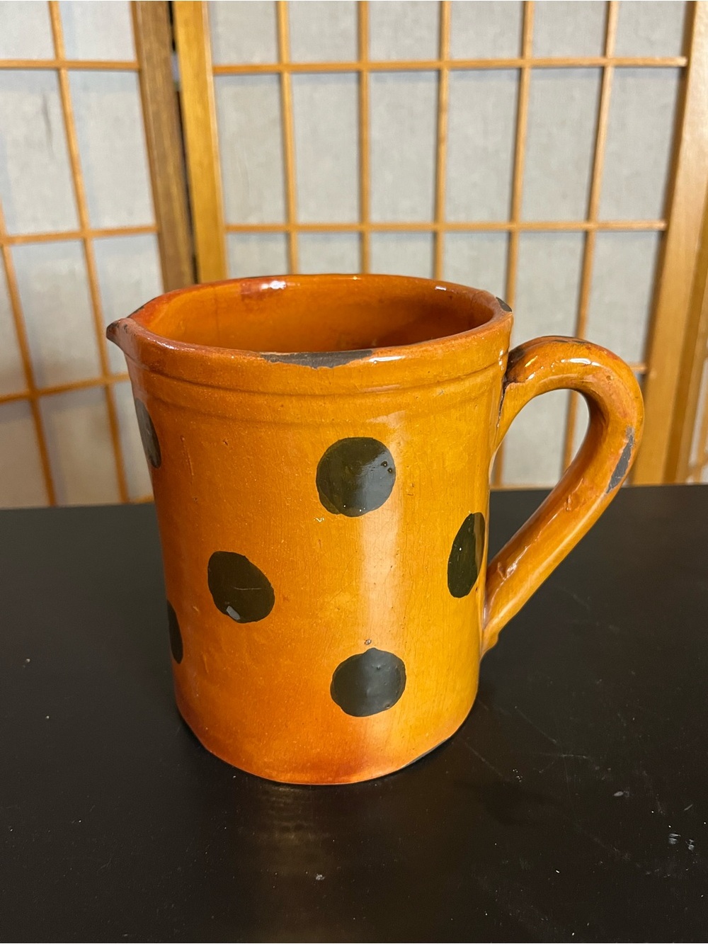 Handmade redware pottery pitcher Y2K Shooner? polka dots 5.5" - Picture 3 of 7